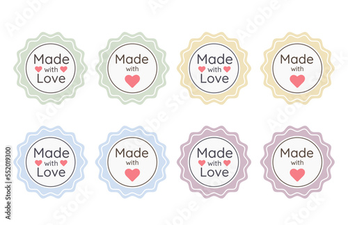 Made with Love Emblems. Handcrafted Icon signs. Handmade label badges vector design. Made with Love emblem set