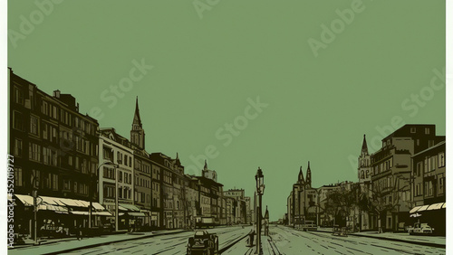 illustration style, Elegant, vintage cityscape with historic buildings and cobblestone streets