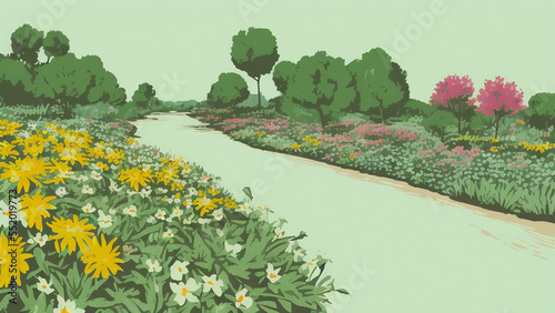 illustration style, Vibrant, colorful flower garden with a variety of blooming flowers and a babbling brook