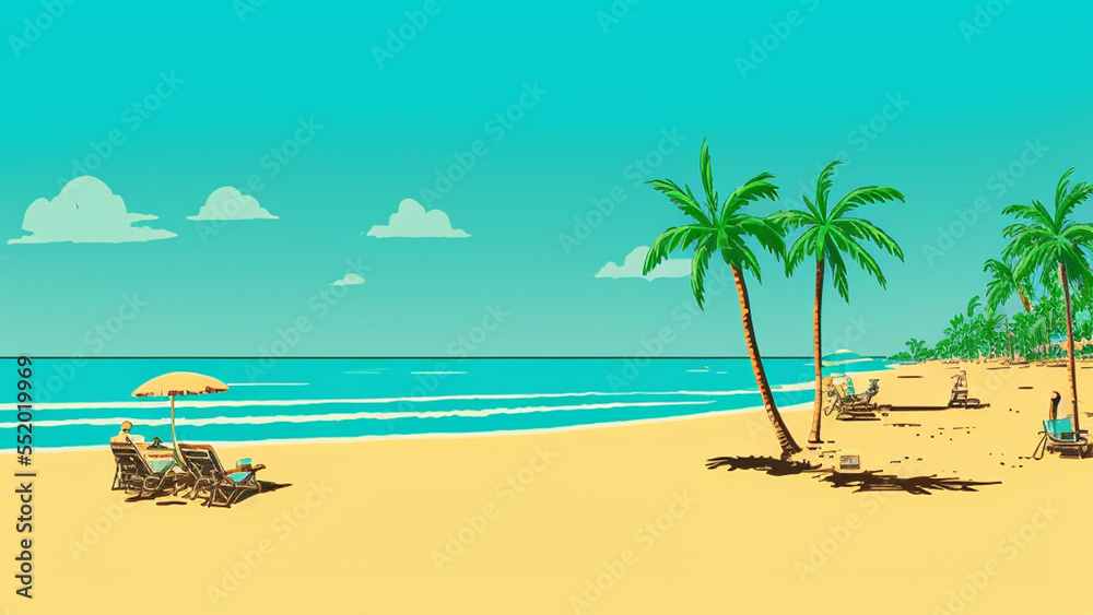  illustration style, Relaxing, sandy beach with crystal