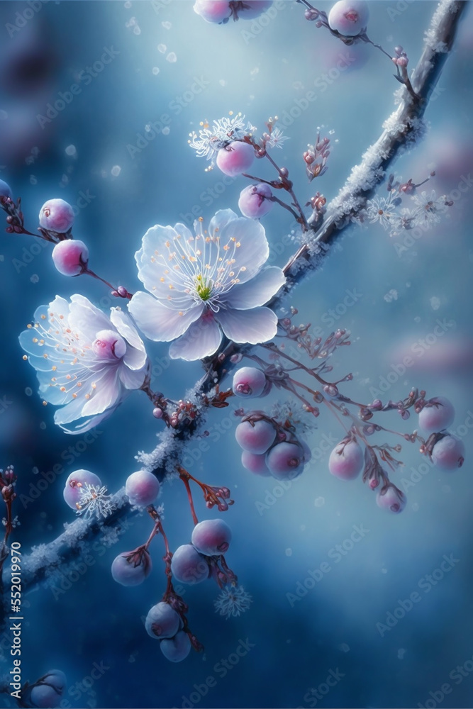 Plum Blossom flower background, Blue and Pink palette, AI Generative Illustration