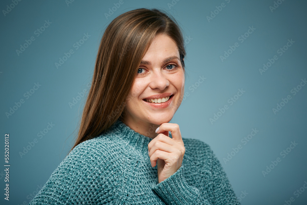 Smiling woman touching her chin. Isolated female face close up portrait. Smiling woman touching her chin. Isolated female face close up portrait.