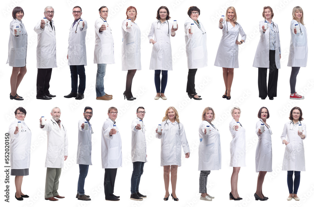 group of doctors holding jar isolated on white group of doctors holding jar isolated on white