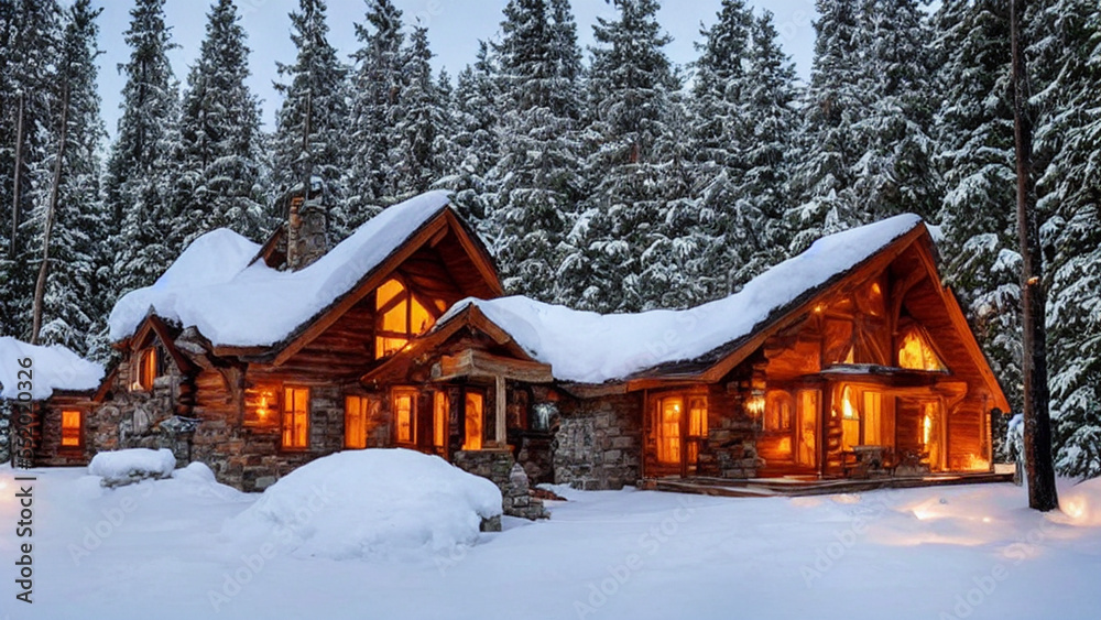 Warm and cozy winter cabin nestled in a snow-covered forest