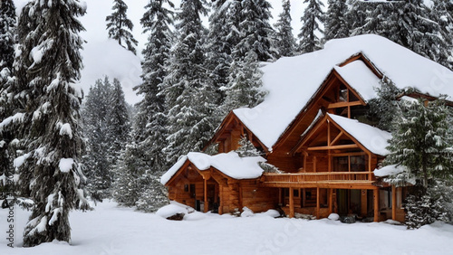 Warm and cozy winter cabin nestled in a snow-covered forest © Haze