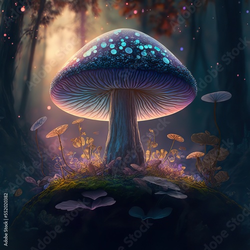 Fantasy iridescent mushroom, magical forest. Generative AI.  © FantasyEmporium