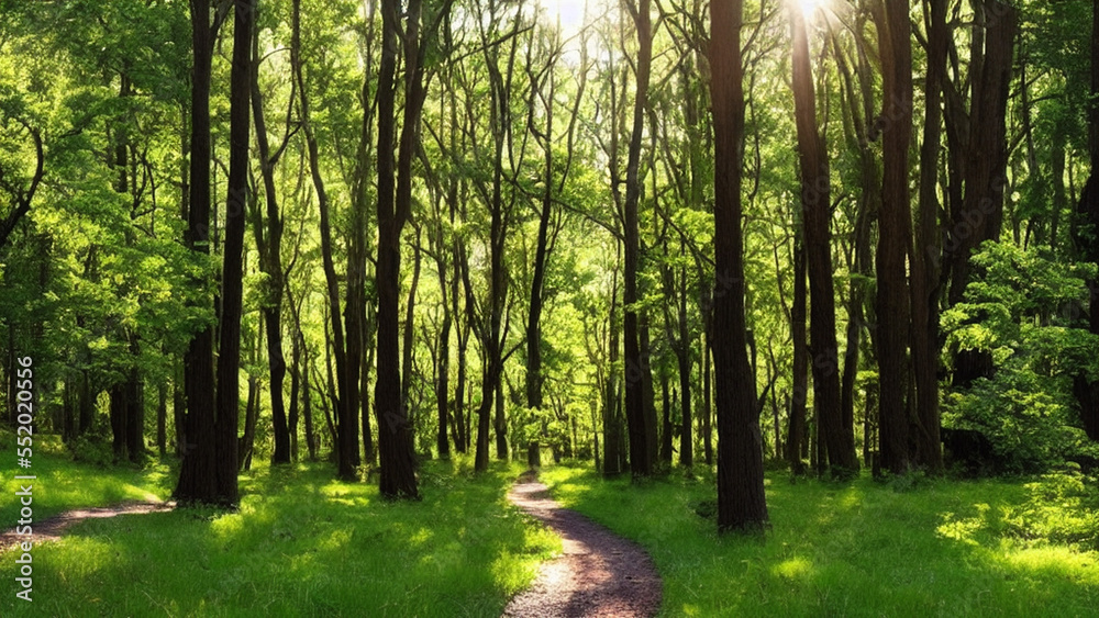 Obraz premium Peaceful, green forest with a winding path and sunlight streaming through the trees