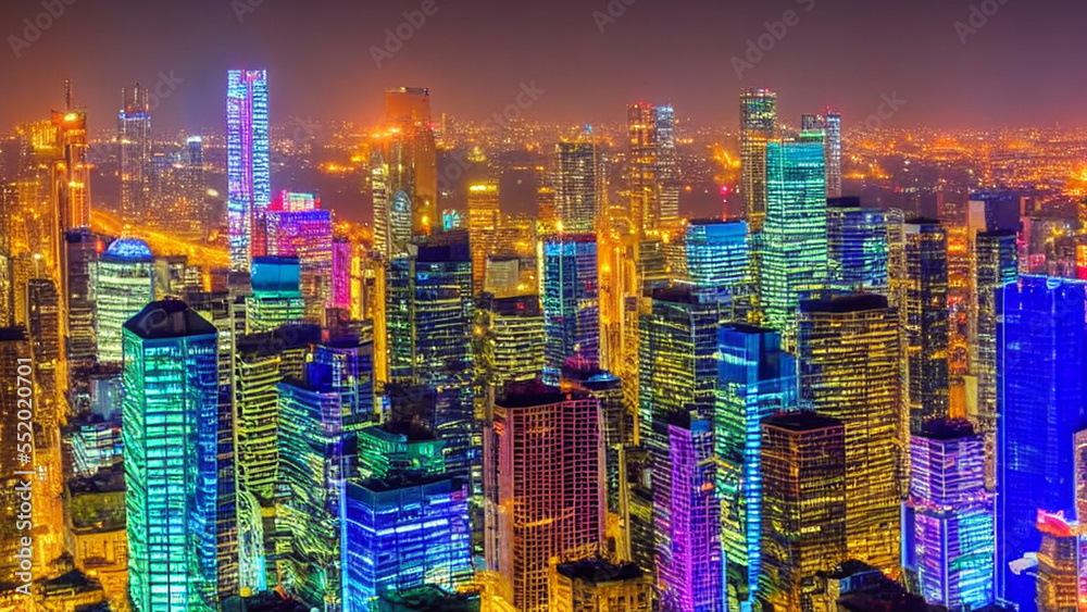 Obraz premium Vibrant city skyline with gleaming skyscrapers and colorful lights