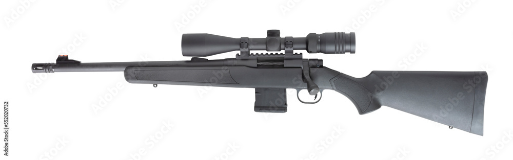 Riflescope on a black rifle chambered in 556