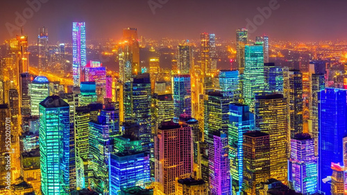 Vibrant city skyline with gleaming skyscrapers and colorful lights