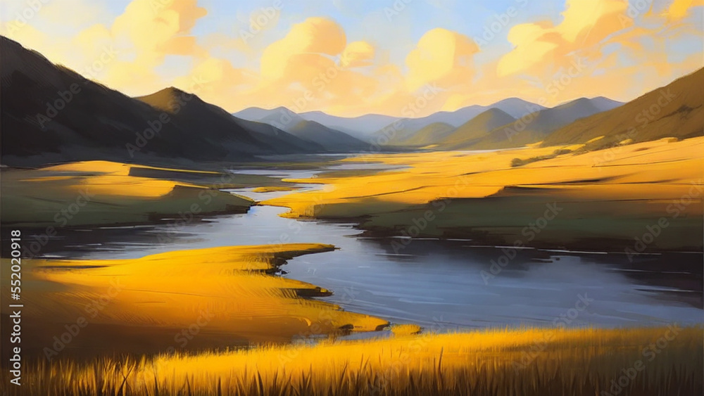 Beautiful, dreamy landscape with golden fields and a peaceful lake