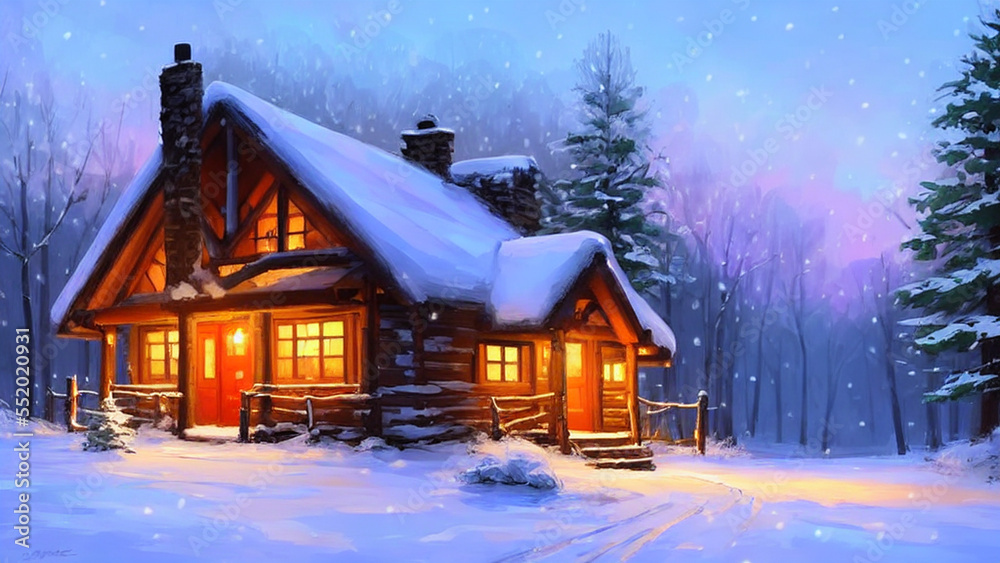 Warm and cozy winter cabin nestled in a snow-covered forest Warm and cozy winter cabin nestled in a snow-covered forest