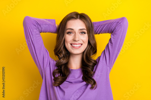 Closeup photo of satisfied good mood toothy beaming smile hands head relaxing nap prepare sleep after work isolated on bright yellow color background