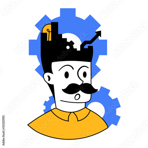 Brainstorming. Vector illustration. Employee working on creating business ideas and strategies. Concept of business, career development