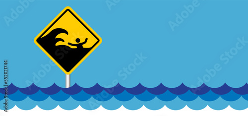 Drawing cartoon tsunami warning, shock wave. A tsunamis is an extremely high wave from the sea that unexpectedly floods the coast, usually caused by a seaquake. information sign.