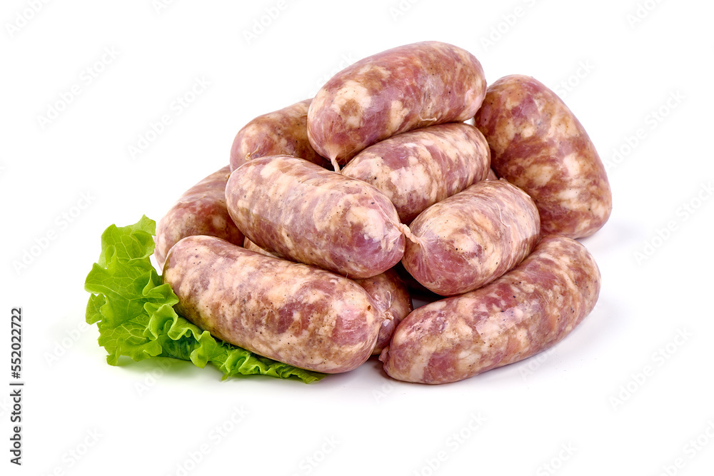 German Oktoberfest Sausages with basil leaf, close-up, isolated on white background. German Oktoberfest Sausages with basil leaf, close-up, isolated on white background.
