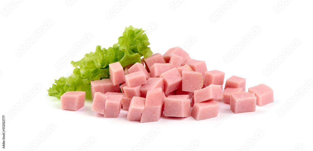 Diced ham sausage, isolated on white background. Diced ham sausage, isolated on white background.