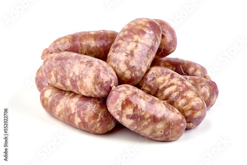 Italian sausages, Raw Salsiccia Sausages, isolated on a white background.