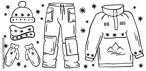 Hand drawn outline set of winter clothes and accessory: hat, scarf, coat, mitten, pants. Coloring book, coloring page. Vector illustration.