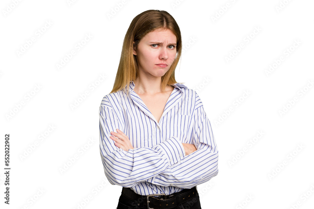 Young caucasian woman isolated suspicious, uncertain, examining you. Young caucasian woman isolated suspicious, uncertain, examining you.