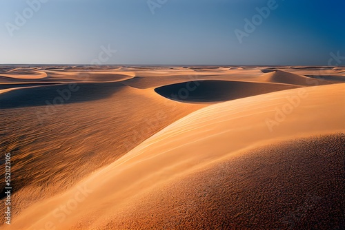 A desert stretching into the horizon with endless sand dunes. 