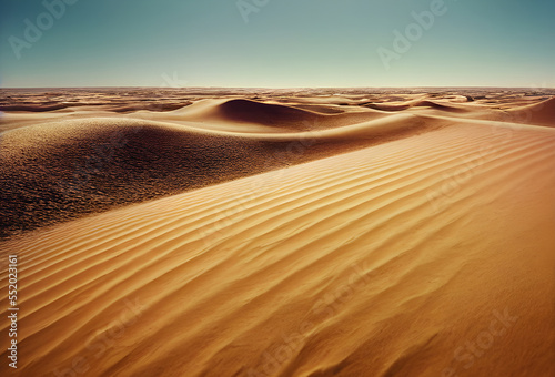 A desert stretching into the horizon with endless sand dunes. 