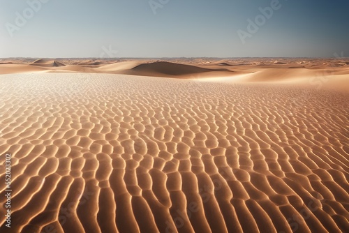 A desert stretching into the horizon with endless sand dunes. 