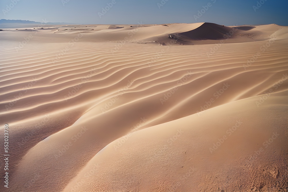 A desert stretching into the horizon with endless sand dunes. 