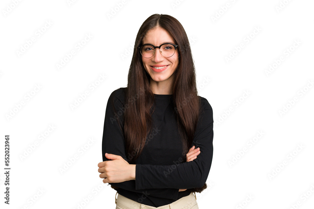 Young caucasian brunette long hair woman cutout isolated who feels confident, crossing arms with determination. Young caucasian brunette long hair woman cutout isolated who feels confident, crossing arms with determination.