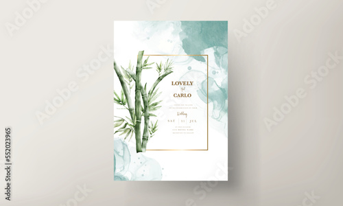 elegant watercolor green bamboo wedding invitation card