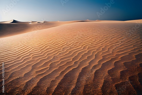 A desert stretching into the horizon with endless sand dunes. 