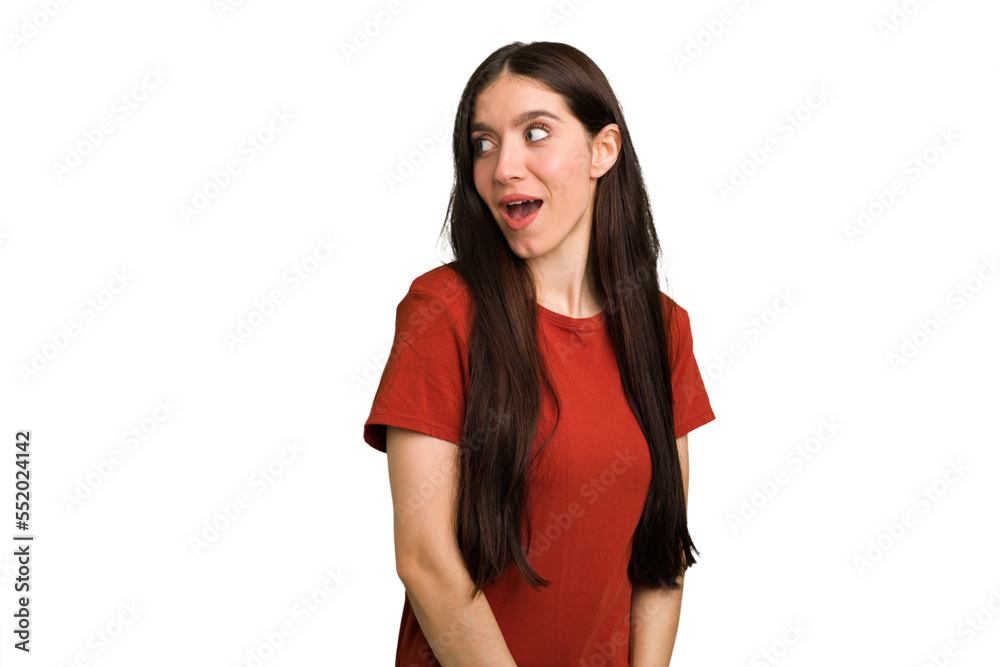 Young caucasian brunette long hair woman cutout isolated looks aside smiling, cheerful and pleasant. Young caucasian brunette long hair woman cutout isolated looks aside smiling, cheerful and pleasant.