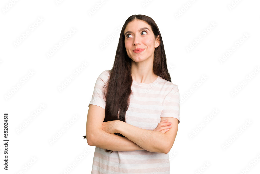 Young caucasian brunette long hair woman cutout isolated dreaming of achieving goals and purposes Young caucasian brunette long hair woman cutout isolated dreaming of achieving goals and purposes