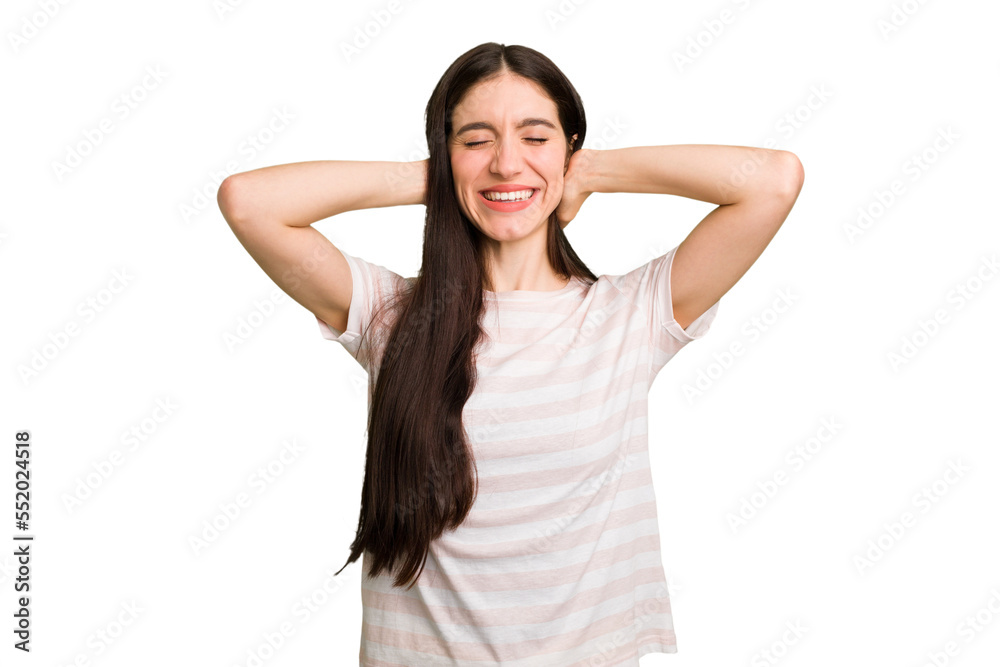 Young caucasian brunette long hair woman cutout isolated feeling confident, with hands behind the head. Young caucasian brunette long hair woman cutout isolated feeling confident, with hands behind the head.