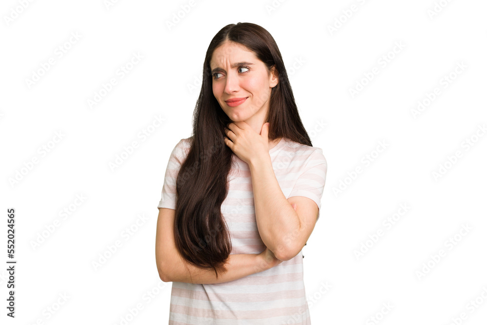 Young caucasian brunette long hair woman cutout isolated suffers pain in throat due a virus or infection. Young caucasian brunette long hair woman cutout isolated suffers pain in throat due a virus or infection.