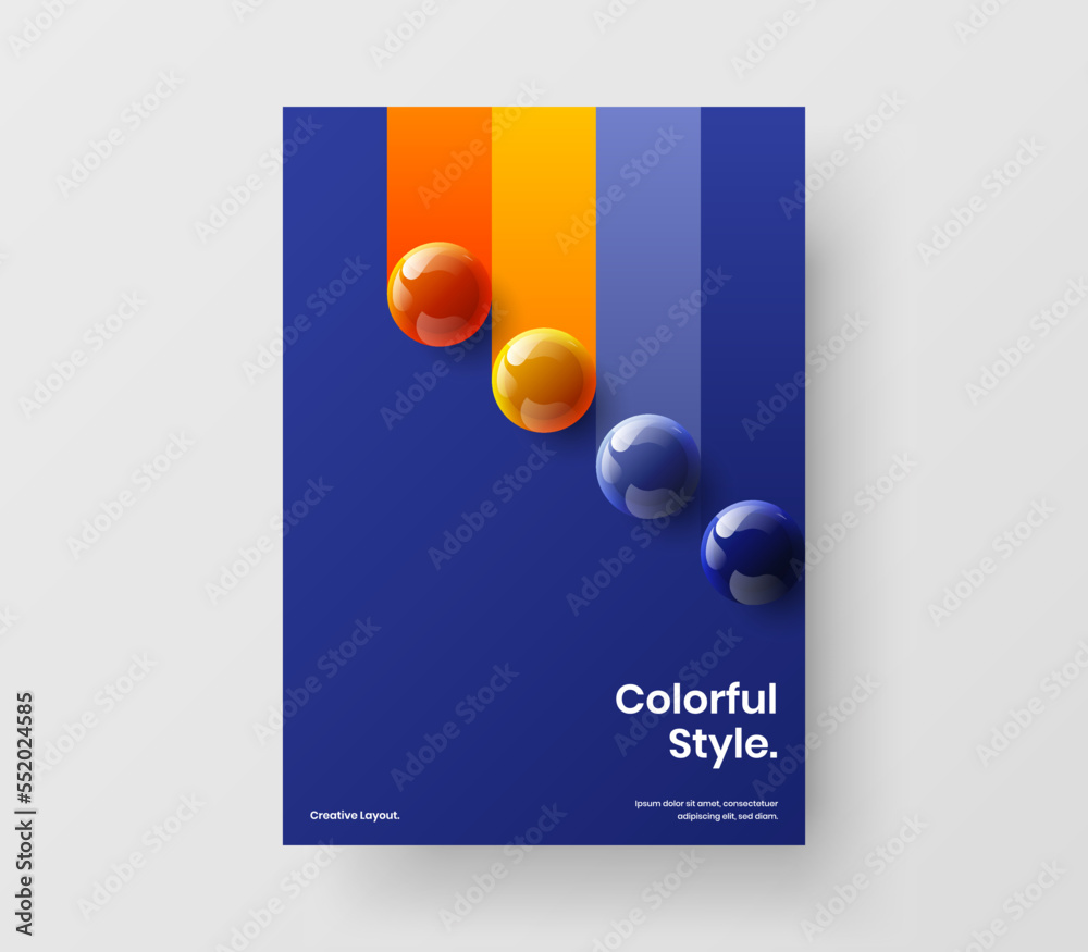 Trendy presentation vector design concept. Bright realistic spheres journal cover template.