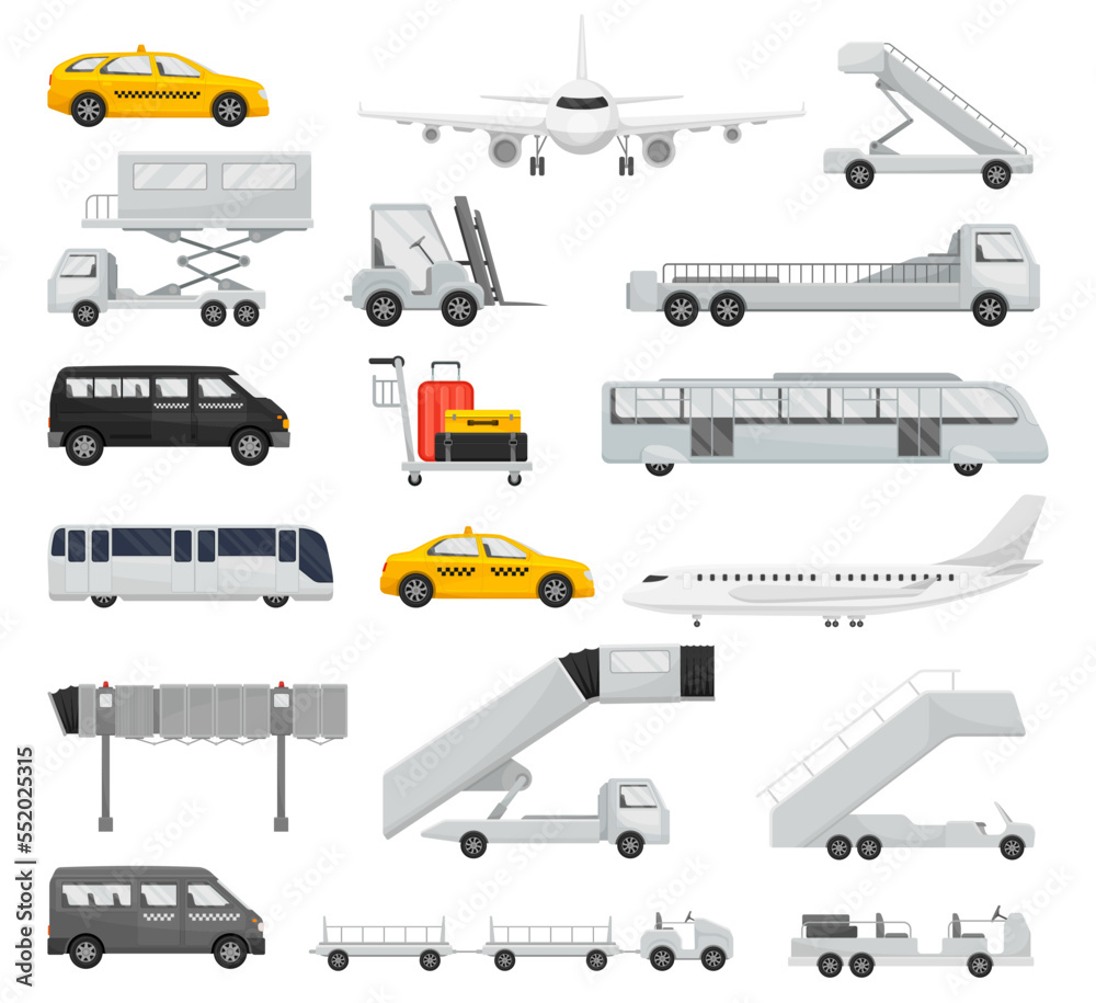 Airport Transfer with Transport in the Terminal with Plane, Taxi and Van Big Vector Set Airport Transfer with Transport in the Terminal with Plane, Taxi and Van Big Vector Set