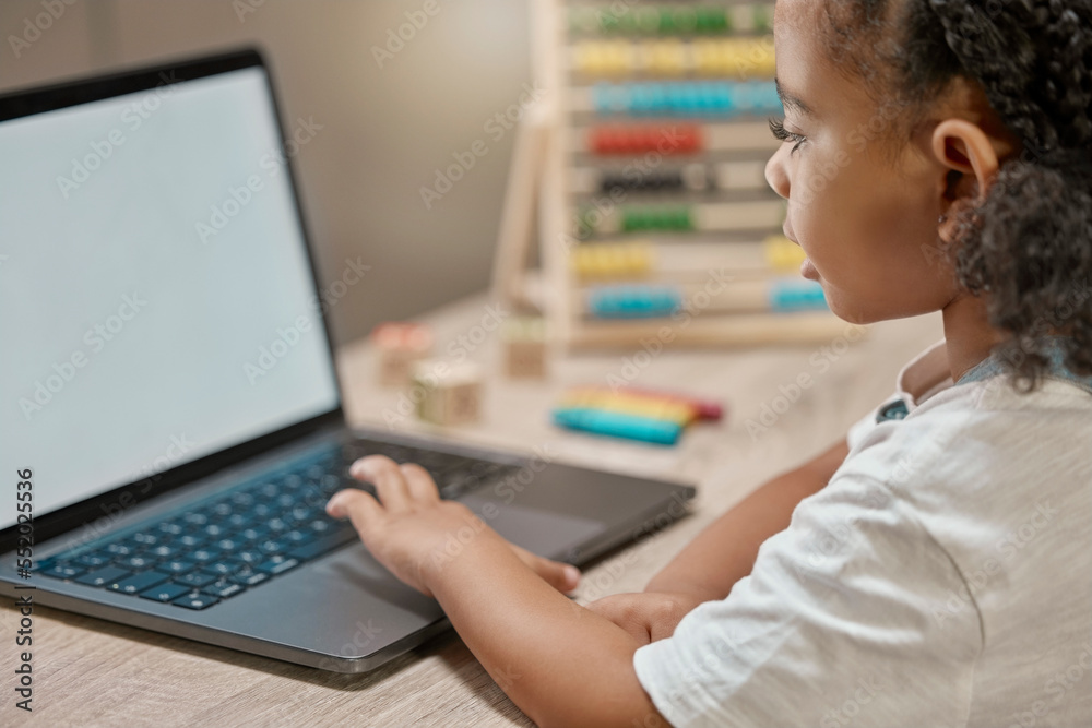 Girl learning, home and laptop for study, e-learning or video education at desk with in house. African female, child student and computer with tech, web or app in home school, development or studying Girl learning, home and laptop for study, e-learning or video education at desk with in house. African female, child student and computer with tech, web or app in home school, development or studying