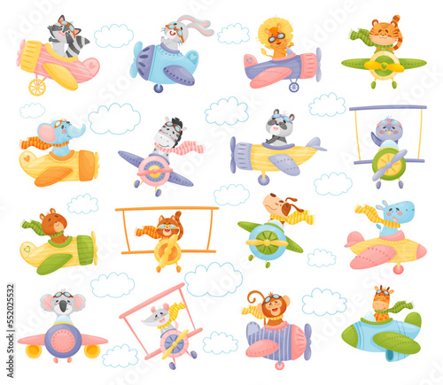 Collection of Cute Animals Pilots Flying on Retro Planes in the Sky Big Vector Set