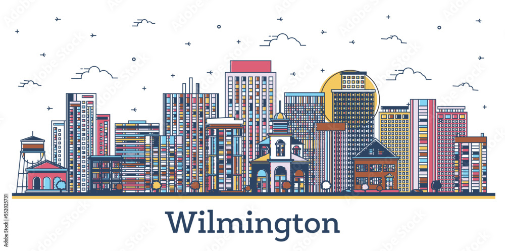 Obraz premium Outline Wilmington Delaware USA City Skyline with Colored Historic Buildings Isolated on White.