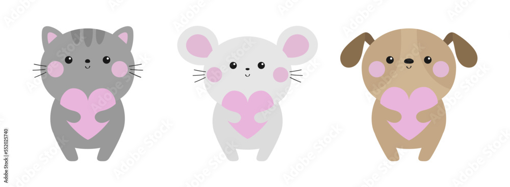 Obraz premium Cat dog mouse icon set holding pink heart. Funny head face. Happy Valentines Day. Cute funny kawaii doodle baby animal. Cartoon character. Kitten kitty puppy pooch. Flat design. White background.