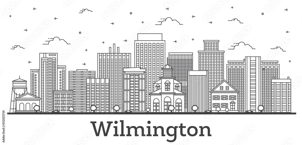 Outline Wilmington Delaware USA City Skyline with Historic Buildings Isolated on White.