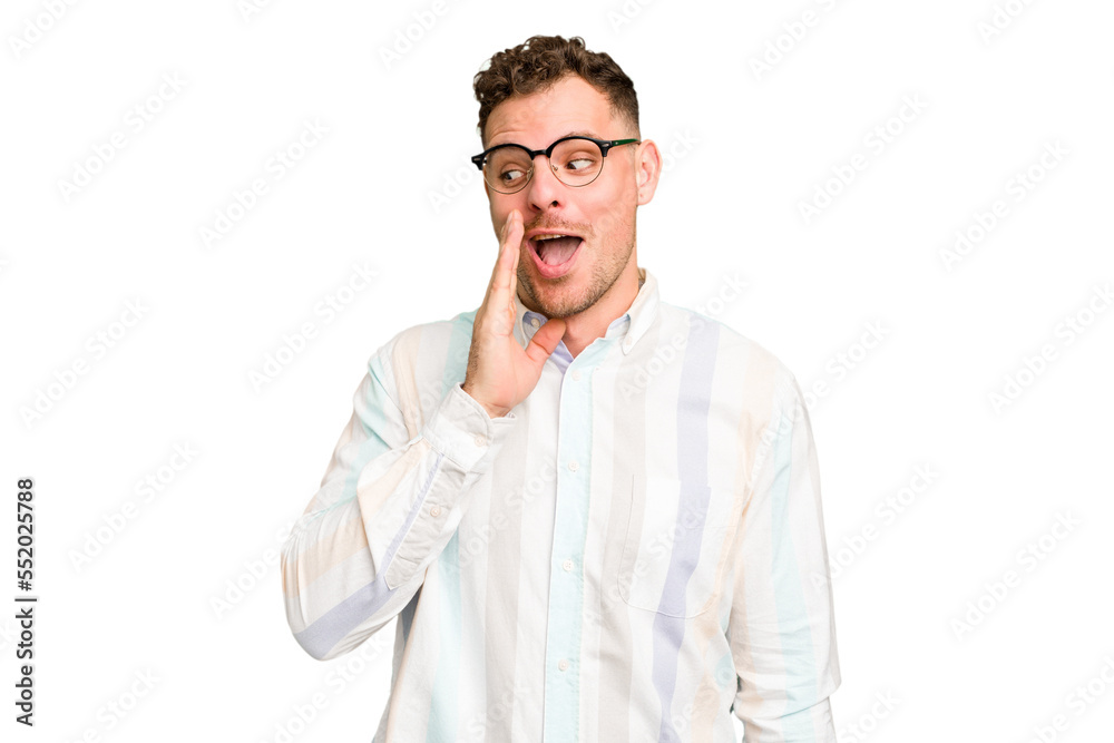 Young caucasian handsome man isolated shouting excited to front. Young caucasian handsome man isolated shouting excited to front.