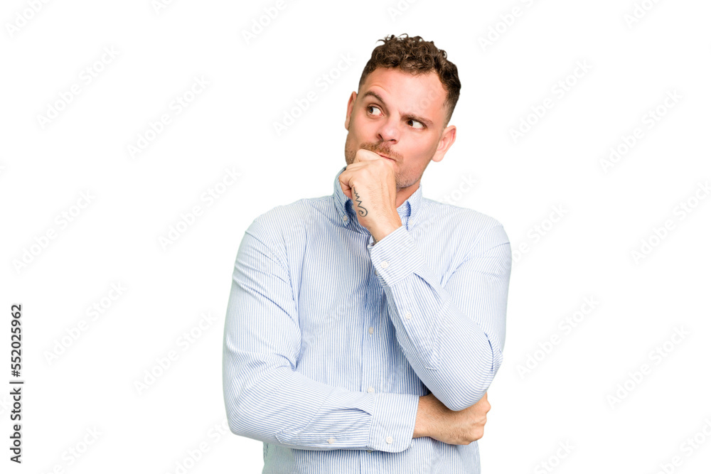 Young caucasian handsome man isolated looking sideways with doubtful and skeptical expression. Young caucasian handsome man isolated looking sideways with doubtful and skeptical expression.