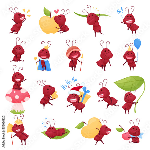 Cute Brown Little Ant Doing Various Activities Big Vector Set