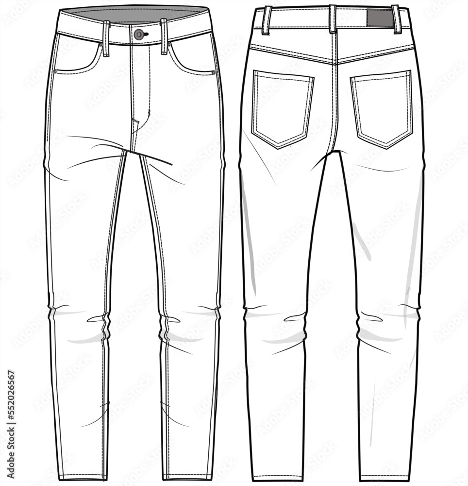 Skinny Cut Denim, Slim Fit High Waist Jeans, Jeggings Fit Denim Front and  Back View. Fashion Illustration, Vector, CAD, Technical Drawing, Flat  Drawing, Template, Mockup. Stock Vector | Adobe Stock