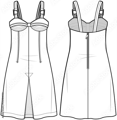Spaghetti Strap Denim Dress Front and Back View. Fashion Illustration, Vector, CAD, Technical Drawing, Flat Drawing, Template, Mockup.	