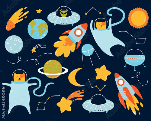 Childrens space set. Space elements collection, moon, astronaut, stars, rocket.Vector illustration in cartoon style. Flat style.