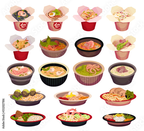 Asian Food and Dish Served in Carton Box and Bowl with Noodles and Seafood Big Vector Set