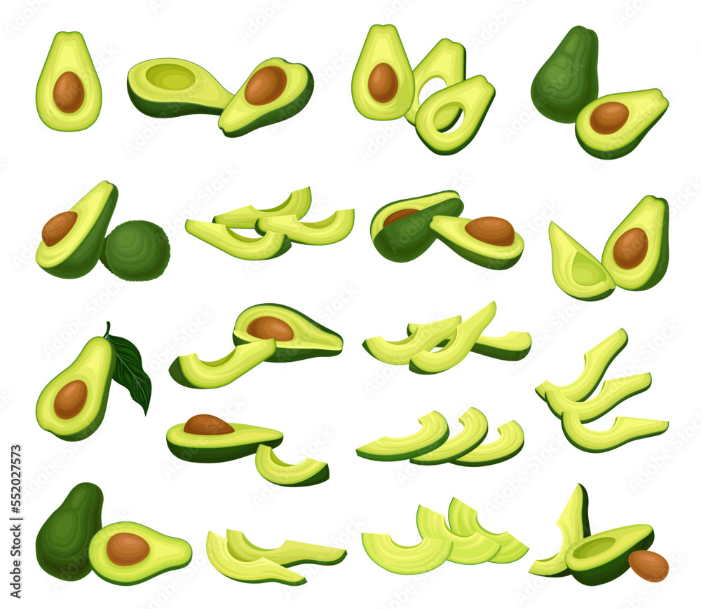 Avocado Bright Green Whole and Half Fruit with Large Seed Big Vector Set Avocado Bright Green Whole and Half Fruit with Large Seed Big Vector Set